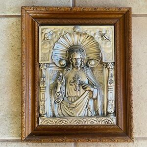 Antique Sacred Heart Jesus Christ Silver Wall Plaque